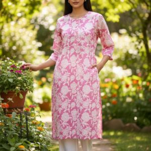Pink floral cotton kurti